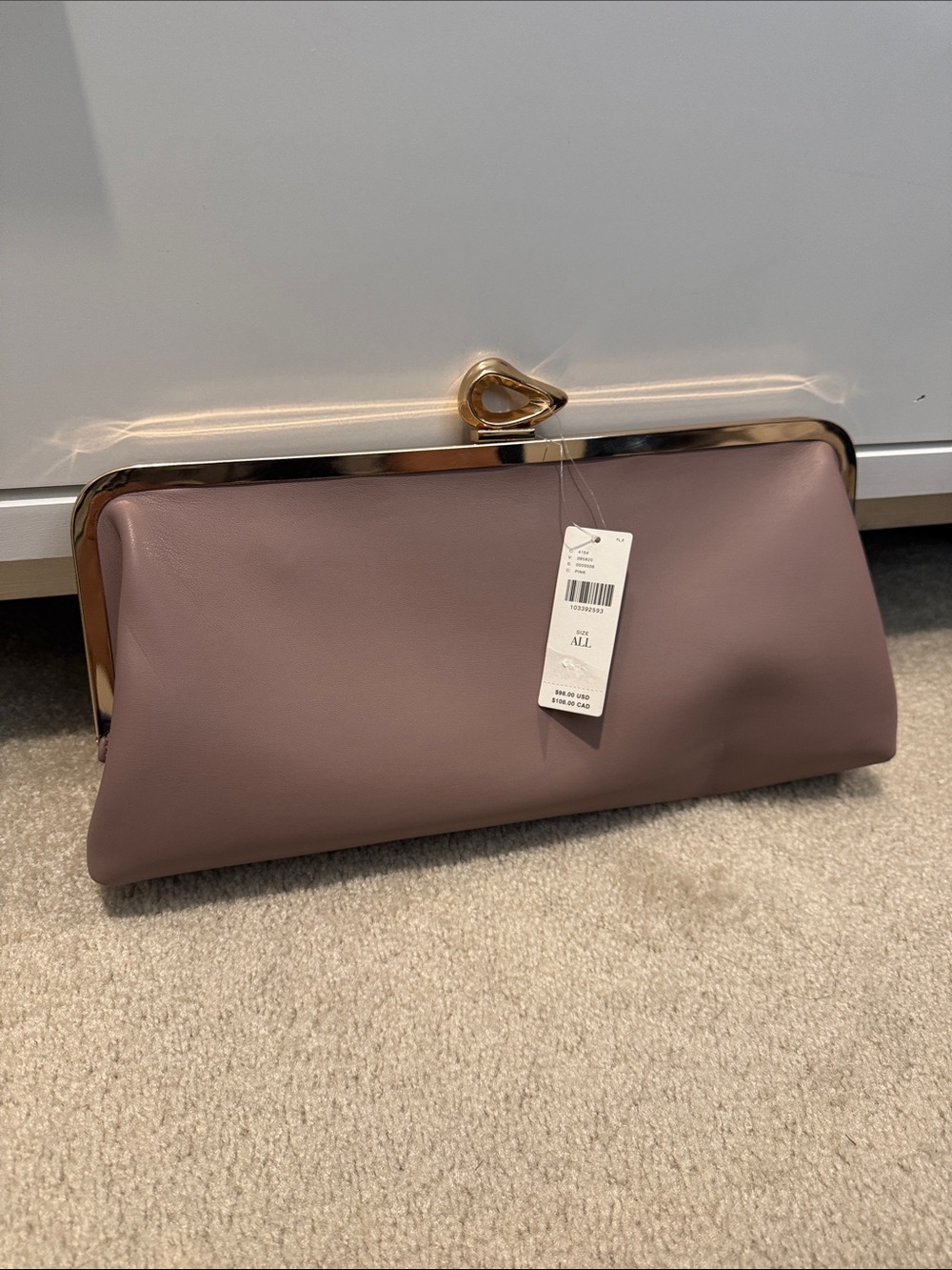 Anthropologie Mauve Leather Frame Clutch with Gold Trim